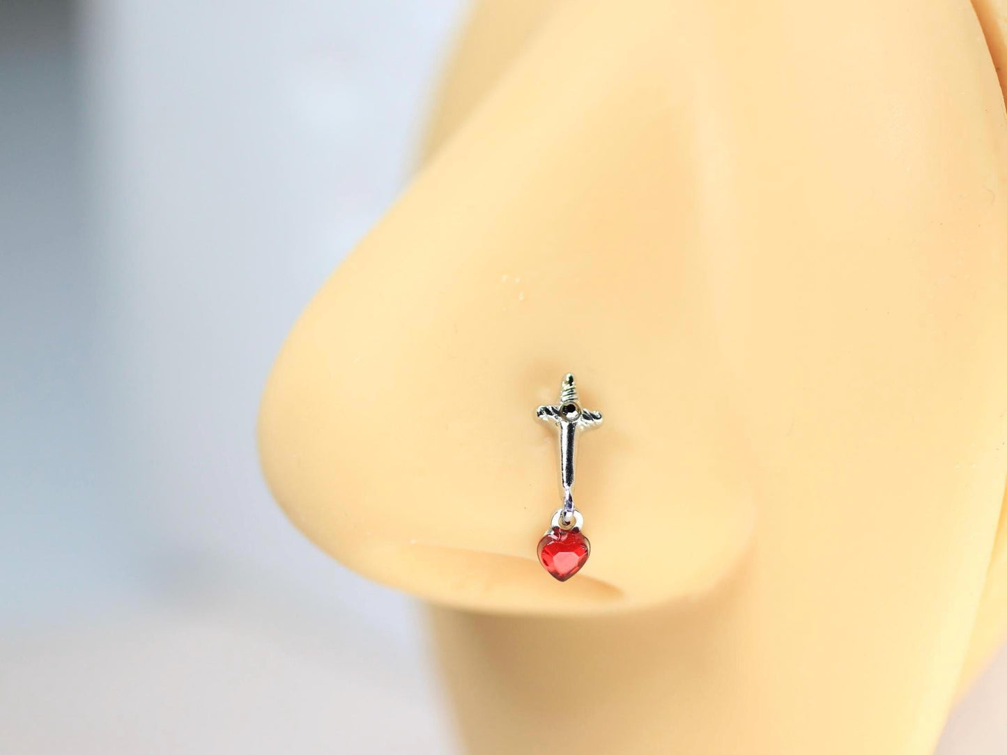 Dagger Nose Stud, 20g Dangling Heart Dagger Nose Bone Stud, Thin Nose Piercing, Ball End Nose Piercing, Surgical Steel Body Jewelry
