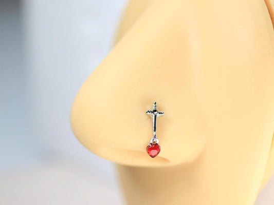 Dagger Nose Stud, 20g Dangling Heart Dagger Nose Bone Stud, Thin Nose Piercing, Ball End Nose Piercing, Surgical Steel Body Jewelry