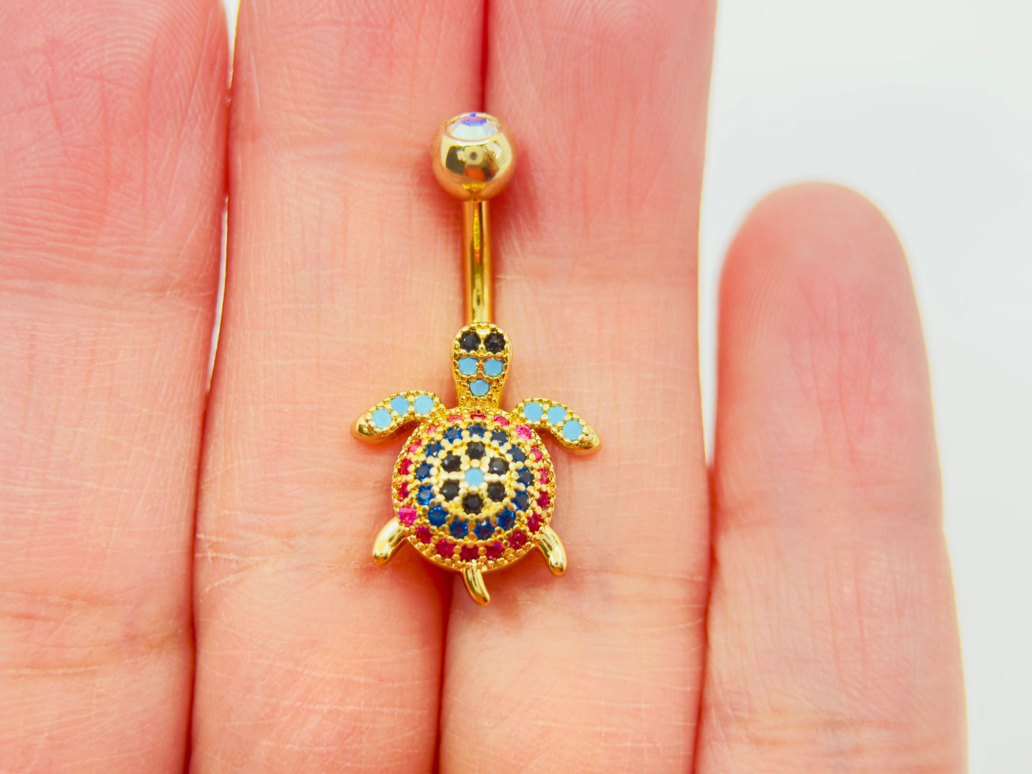 14G Turtle Belly Button Ring – Multicolor Stone Beach Navel Jewelry