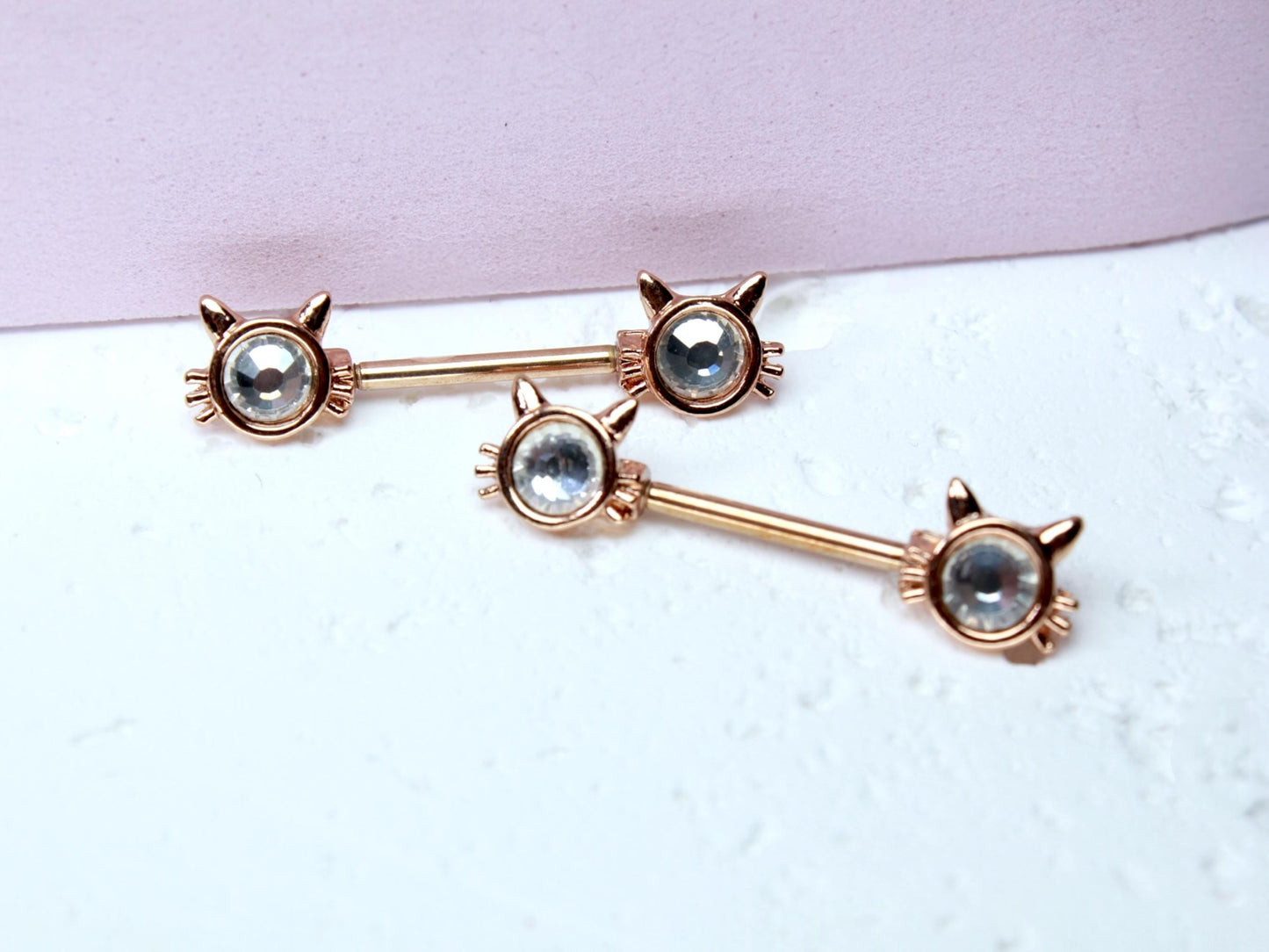 Rose Gold Cat Nipple Barbell, 14G Cute Sparkling Kitty Face Nipple Piercing Jewelry, Set of 2 Nipple Body Jewelry