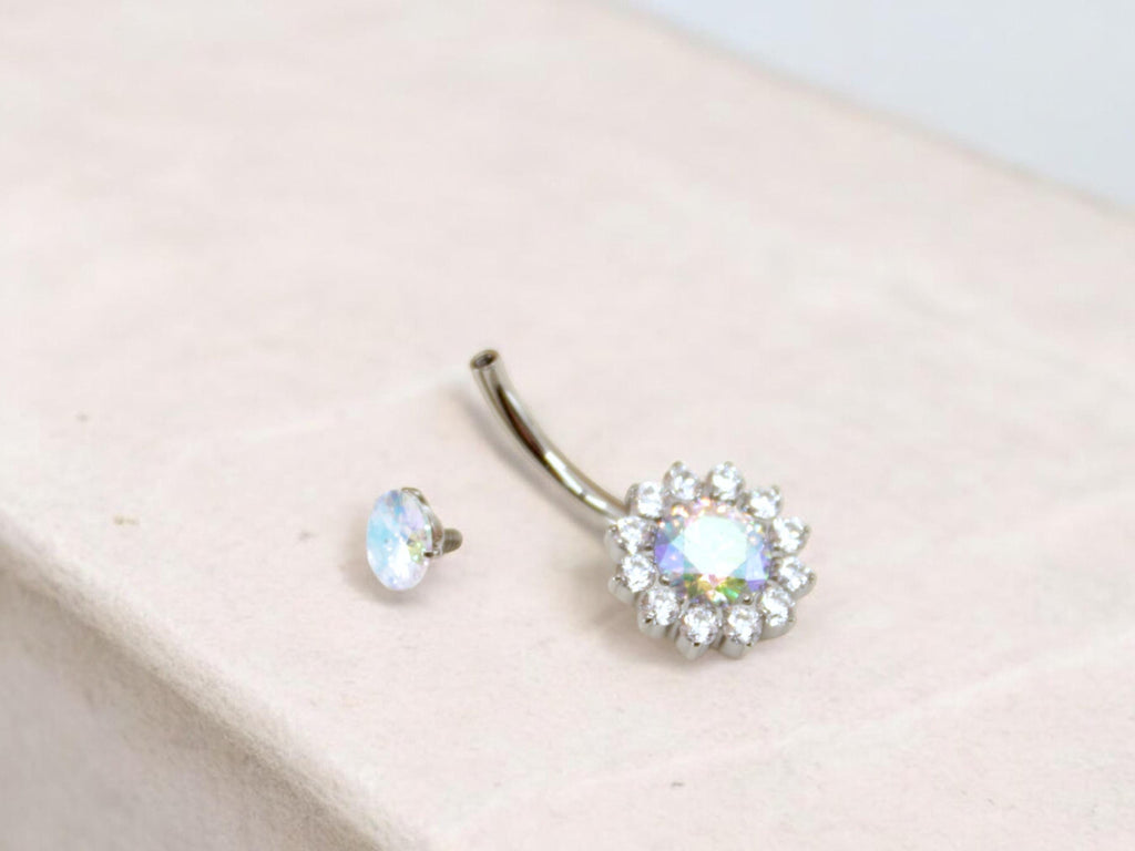 Aurora Borealis CZ Sunburst Belly Button Ring , 14g Titanium Silver Floating Navel Ring Piercing, Sparkly Crystal Body Jewelry,