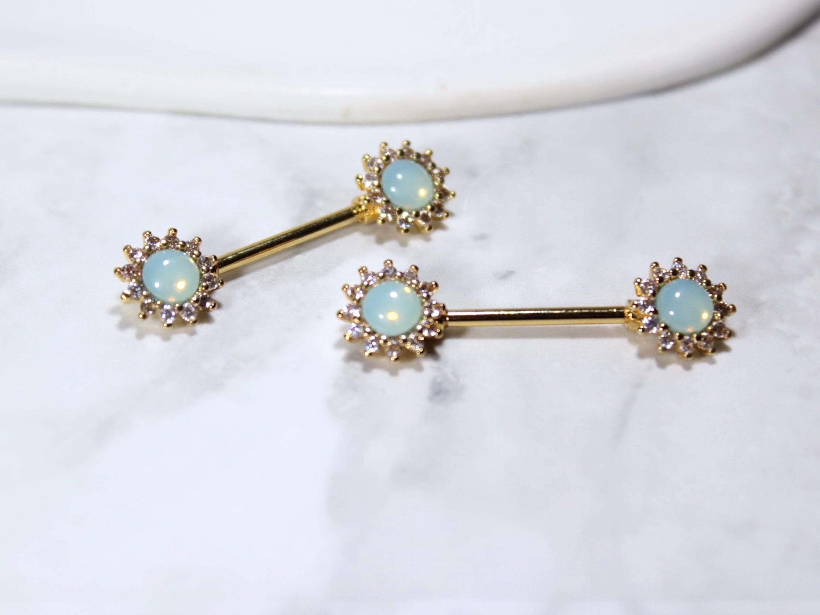 Green Opal Nipple Ring, 14G Dainty Opal Sun Nipple Piercing Jewelry, Gold Personalized Body Piercing Jewelry, Nipple Barbell Set of 2