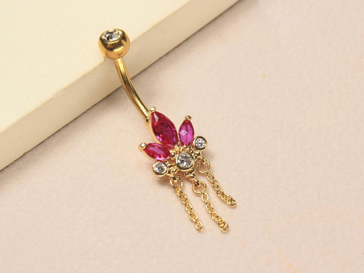 Floral Dangling Belly Button Ring, 14g Dainty Petal Chain Decor Pink Marquise Gemstone Belly Ring Piercing Jewelry, Gold Navel Piercing