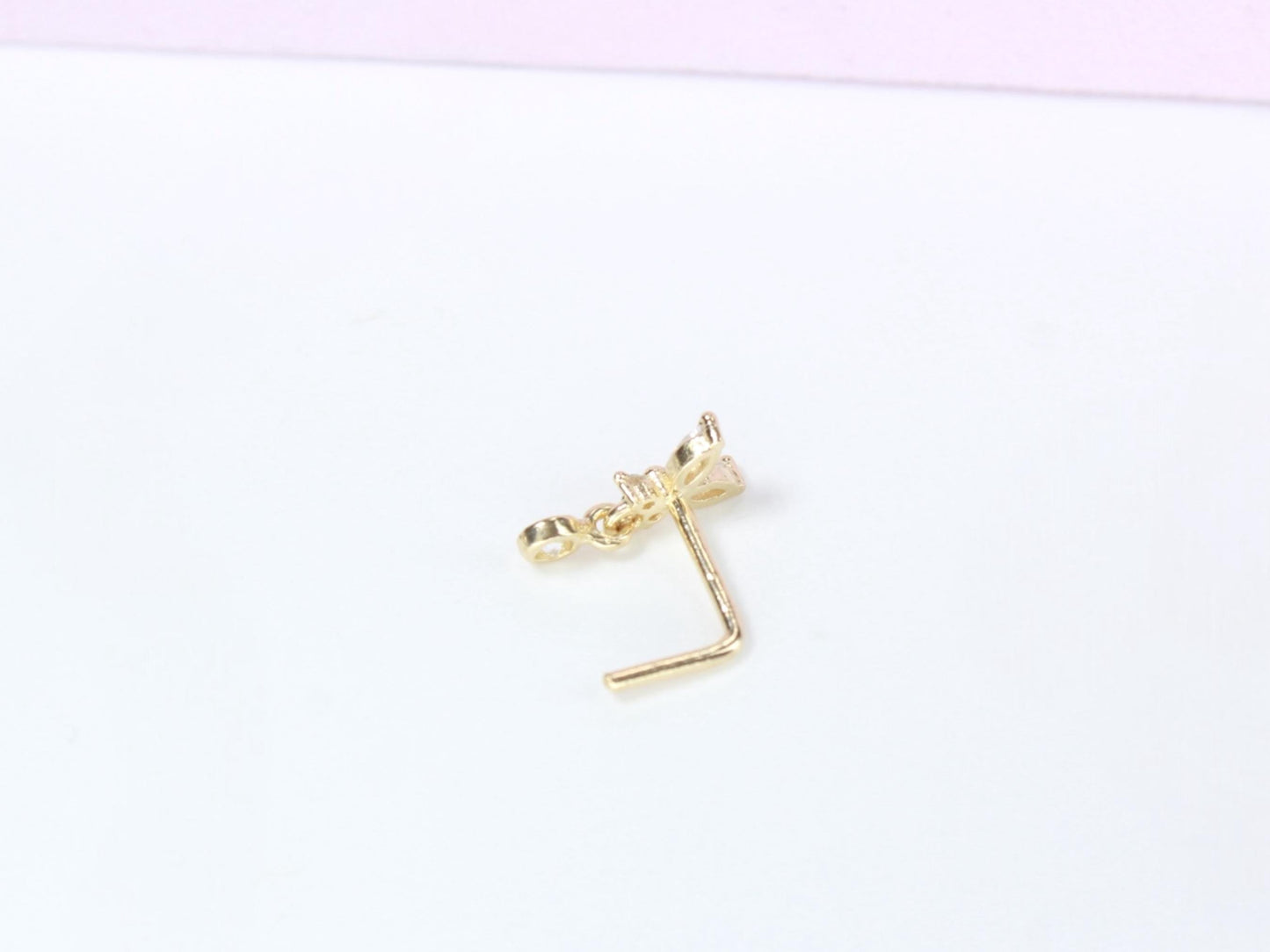 14K Gold Butterfly Nose Stud,20g Dainty Dangling Gem L Shape Corkscrew Nose Stud,Solid Gold Nose Jewelry,L Bend Screw NosePiercing Stud Ring