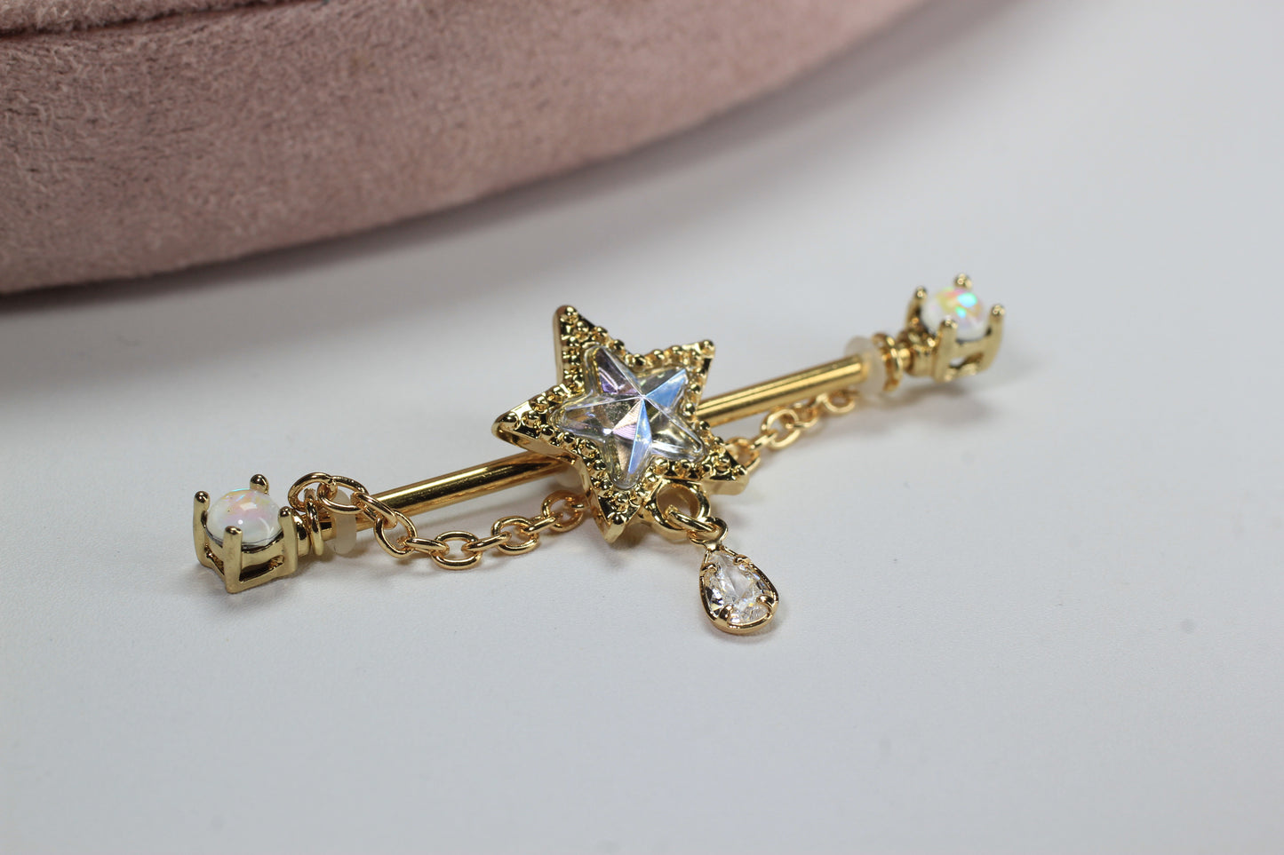 14G Gold Star Industrial Barbell with Chain, Dainty Dangling Star Industrial Piercing, 35mm Cartilage Scaffold Barbell Jewelry