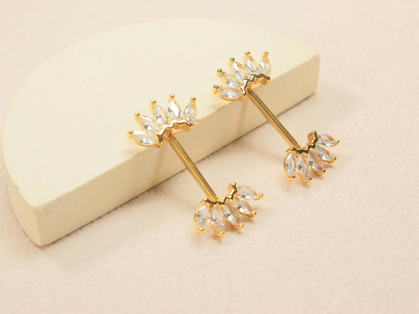 Gold Marquise Nipple Barbell, 14G Floral Petal Leaf Nipple Ring Jewelry, Pair of Leaf Nipple Piercing Jewelry, Gold Body Piercing Jewelry