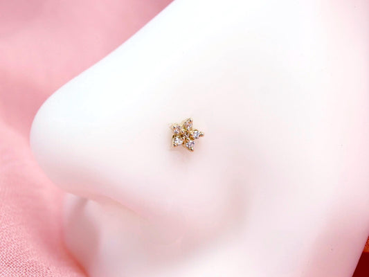 14k Gold Nose Ring, Solid Gold L Shape Corkscrew Nose Stud Jewelry, 20g Dainty Gold Flower Nose Ring, Nose Piercing Jewelry, Gold Nose Ring