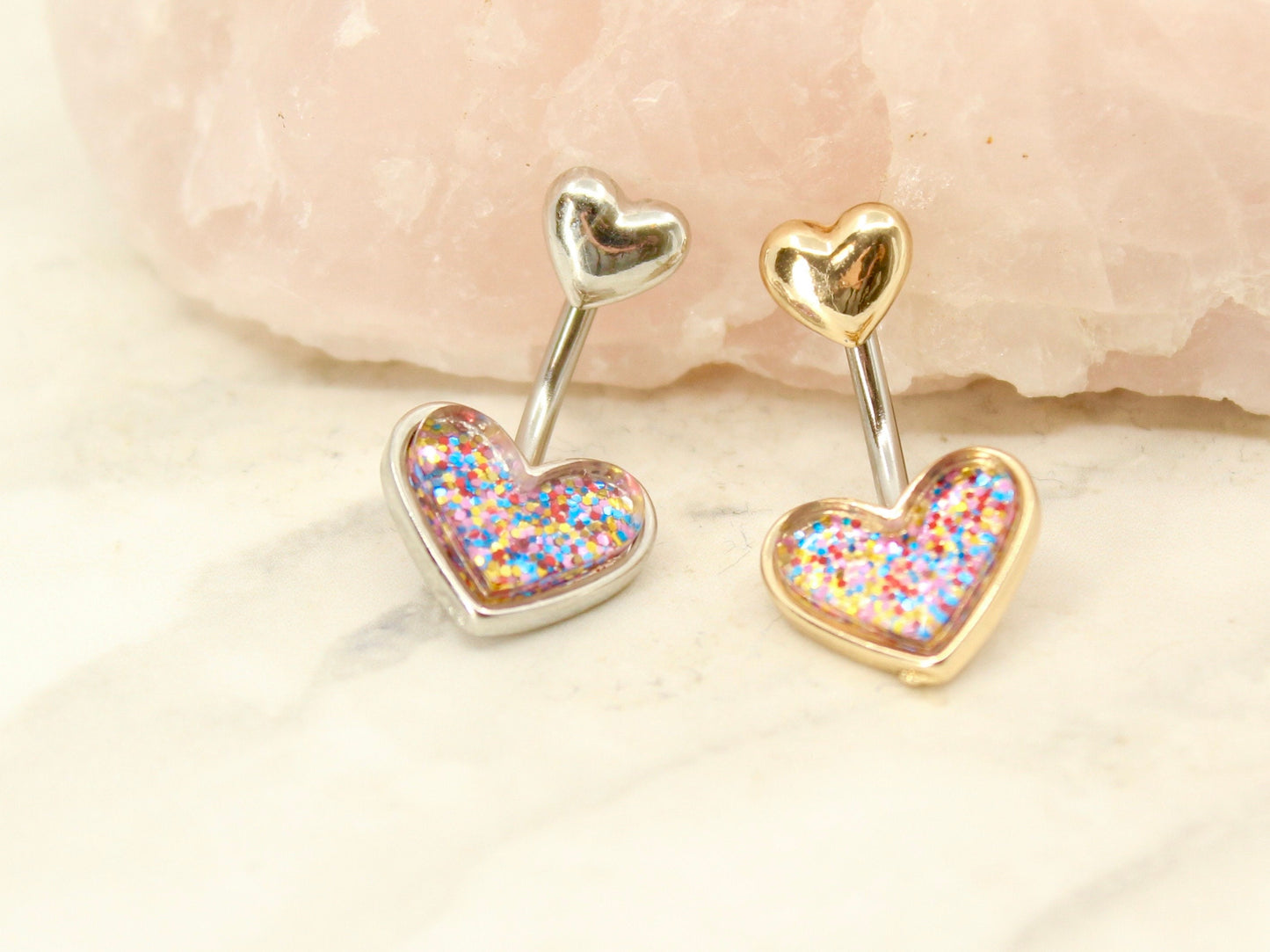 NEW • 14G Glitter Heart Belly Button Ring. Silver/Gold Resin Heart Navel Ring. Cute Belly Jewelry. Navel Piercing.
