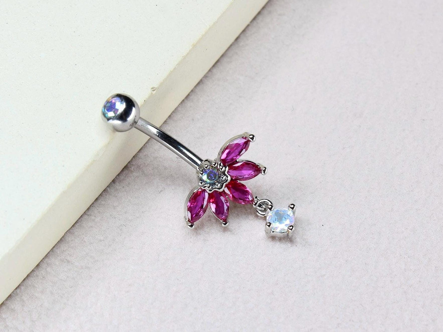 New • Floral Dangling Belly Button Ring, 14g Dainty Petal Decor Pink Marquise Gemstone Belly Ring Piercing Jewelry, Gold Navel Piercing
