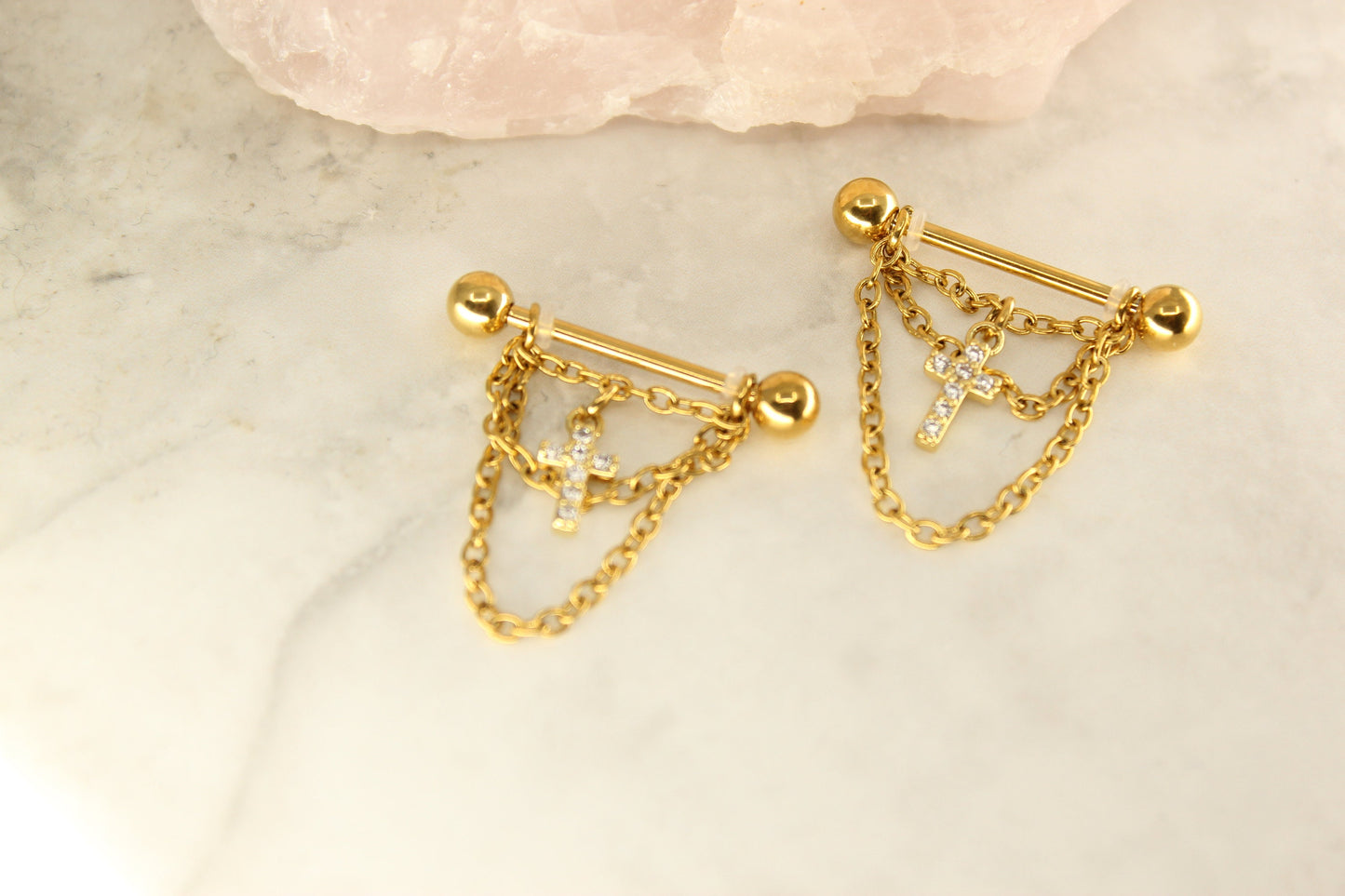 NEW • Gold Dangle Chain Nipple Ring, Cz Cross Dangle Chain Decor Nipple Piercing Barbell, 14g Gold Nipple Ring Body Jewelry