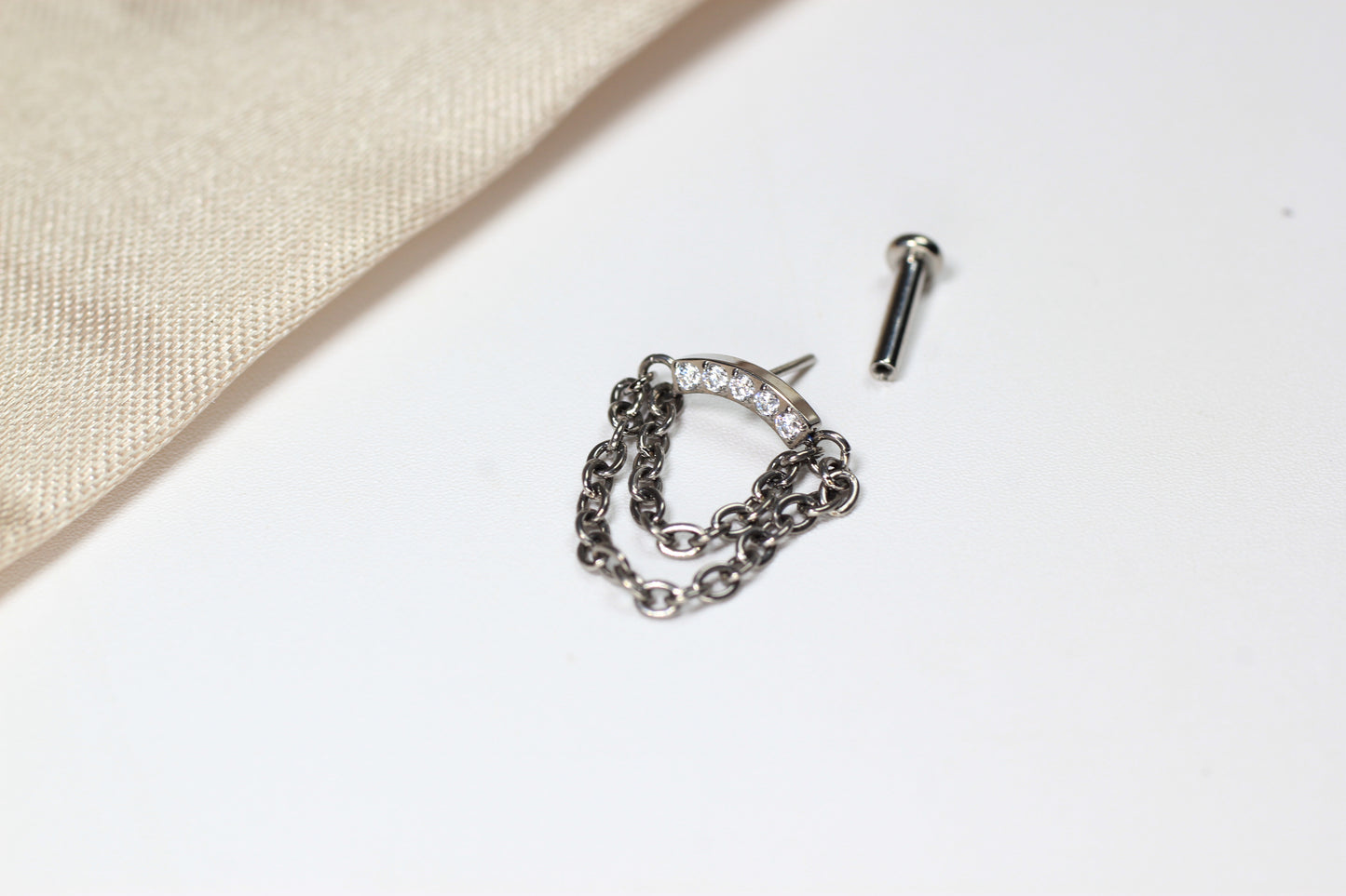 14G Silver Gem Industrial Barbell with Dainty Chain – 38mm Sparkling Gold Industrial Piercing