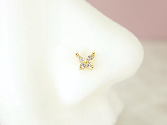 New • Butterfly Nose Stud, Gold Clear Gemstone Butterfly Nose Stud Ring,20g Nose Piercing Jewelry,Marquise Butterfly Nose Bone Stud Jewelry.