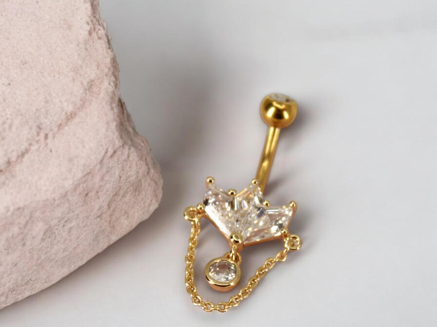 14g Gold Belly Button Ring, Marquise Gem Petal Decor Chain Charm Belly Button Piercing Jewelry, Gold Dangling Navel Bar Body Jewelry
