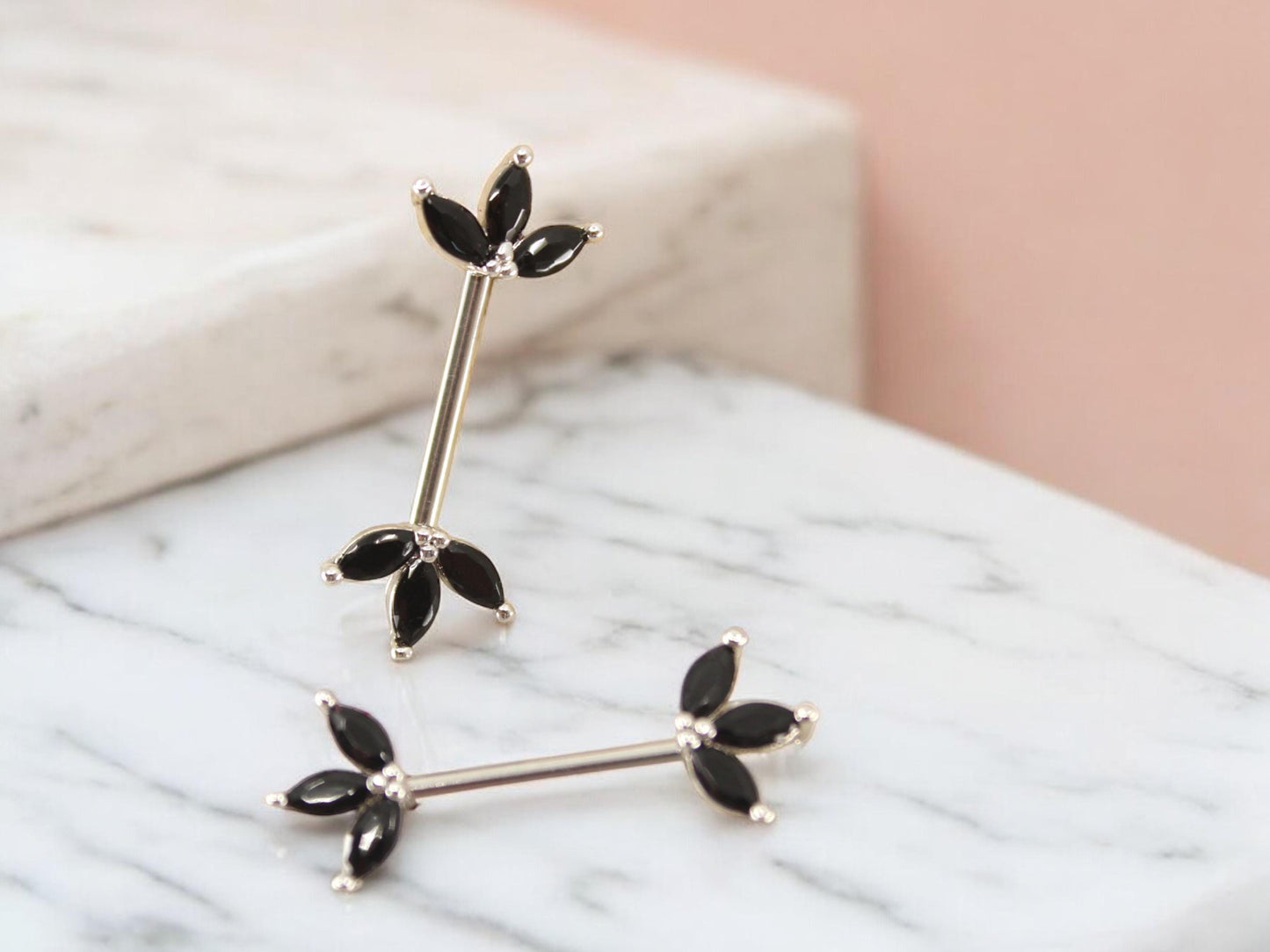 Black Marquise Leaf Nipple Barbell 14G – Floral Petal Black Nipple Rings, Surgical Steel Nipple Piercing Jewelry, Pair (Set of 2)