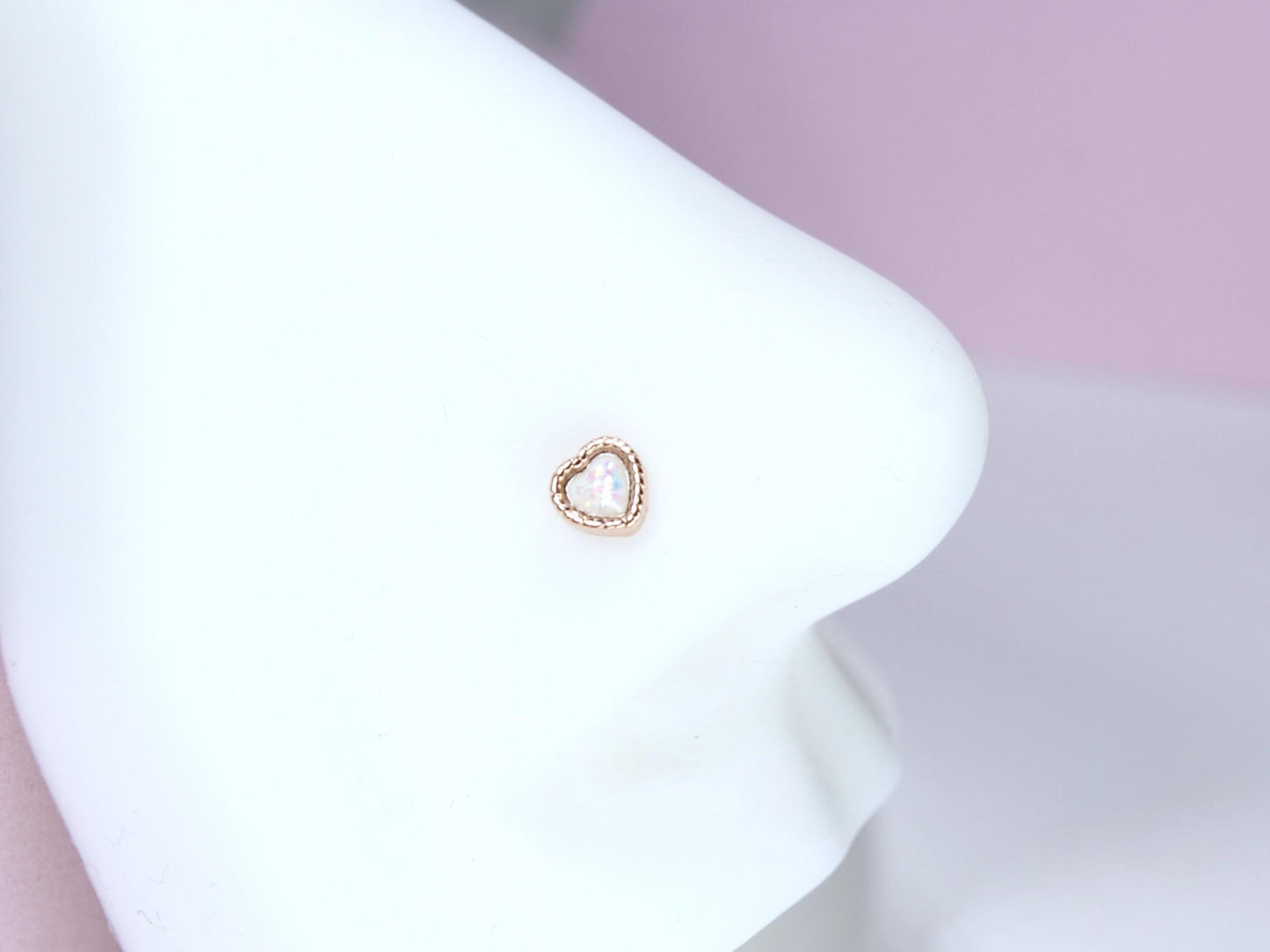 Rose Gold Heart Nose Stud, 20G Dainty White Opal Glitter Nose Bone Stud, Ball End Nose Piercing, Thin Nose Stud,  Nose Ring Jewelry