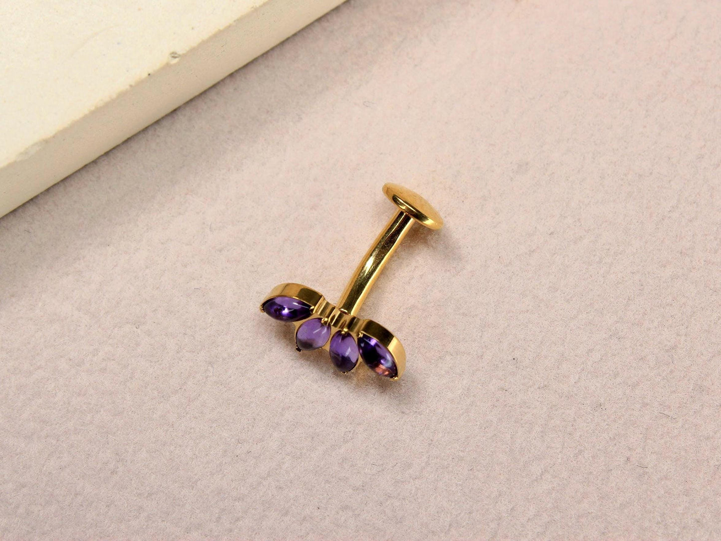 14G Titanium Belly Button Ring, Purple Stone Lotus Floral Threadless Push In Belly Ring Piercing, Floating Navel Ring Jewelry