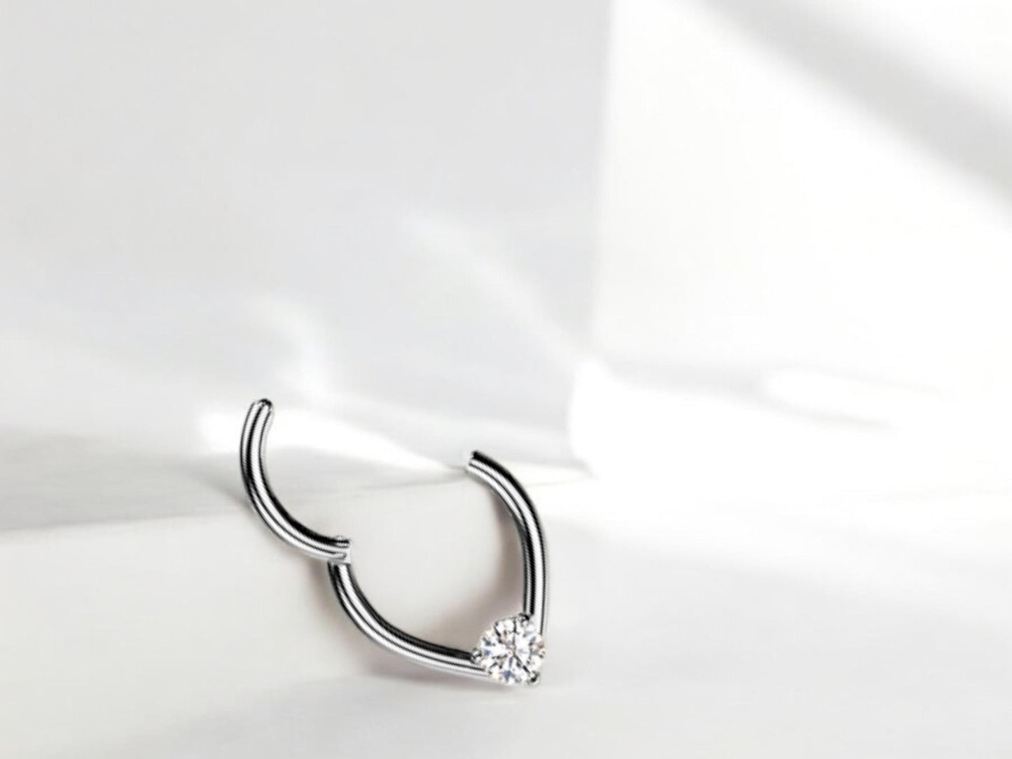 16g Silver Septum Clicker Ring, Teardrop Front CZ Hinged Segment Hoop Ring, Dainty Septum Hoop Jewelry, Nose Piercing, Body Jewelry.