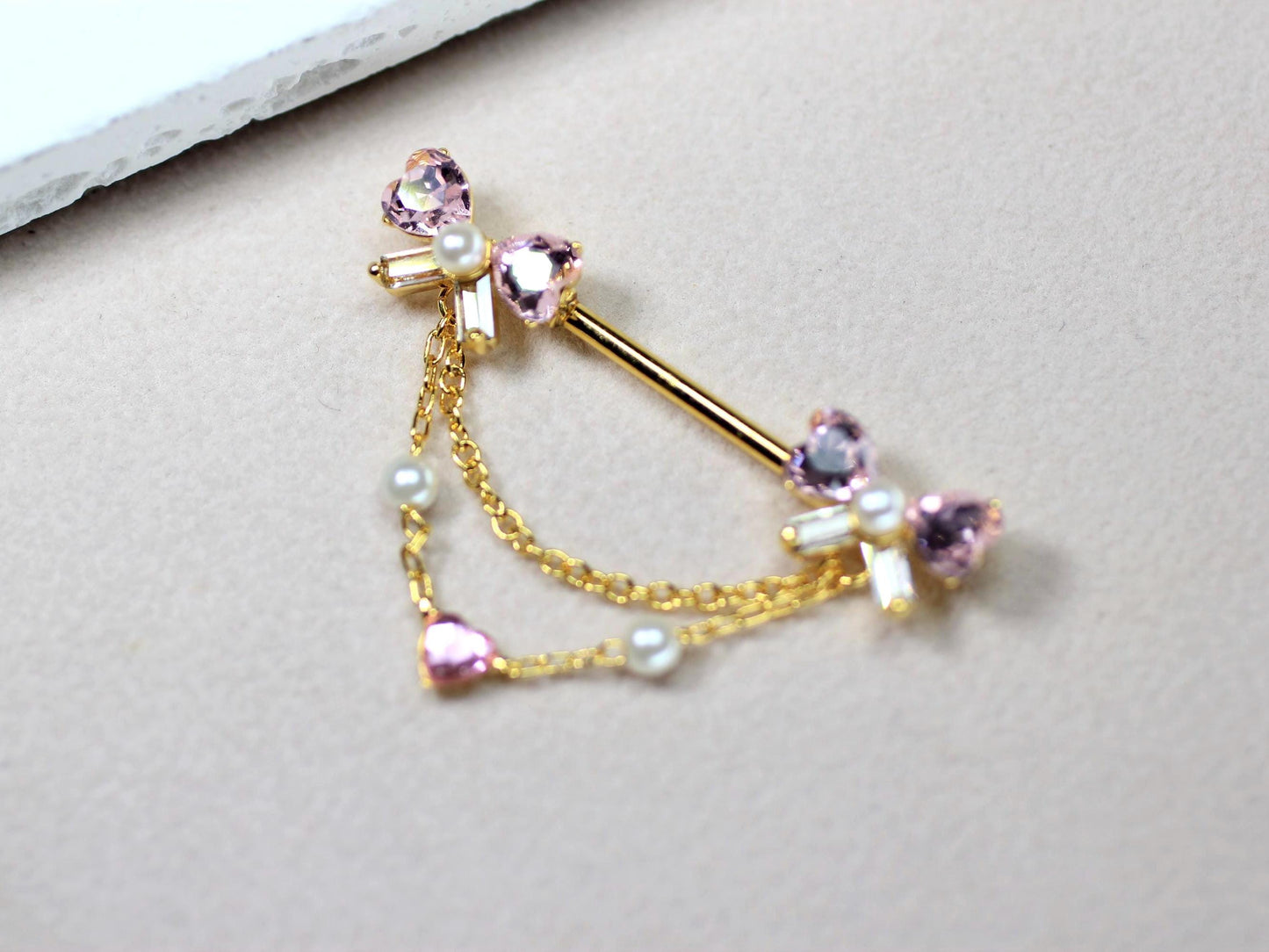 14g Gold Dangling Nipple Barbell, Bow Heart Drop Dangle Push In Nipple Piercing, Surgical Steel Body Jewelry.