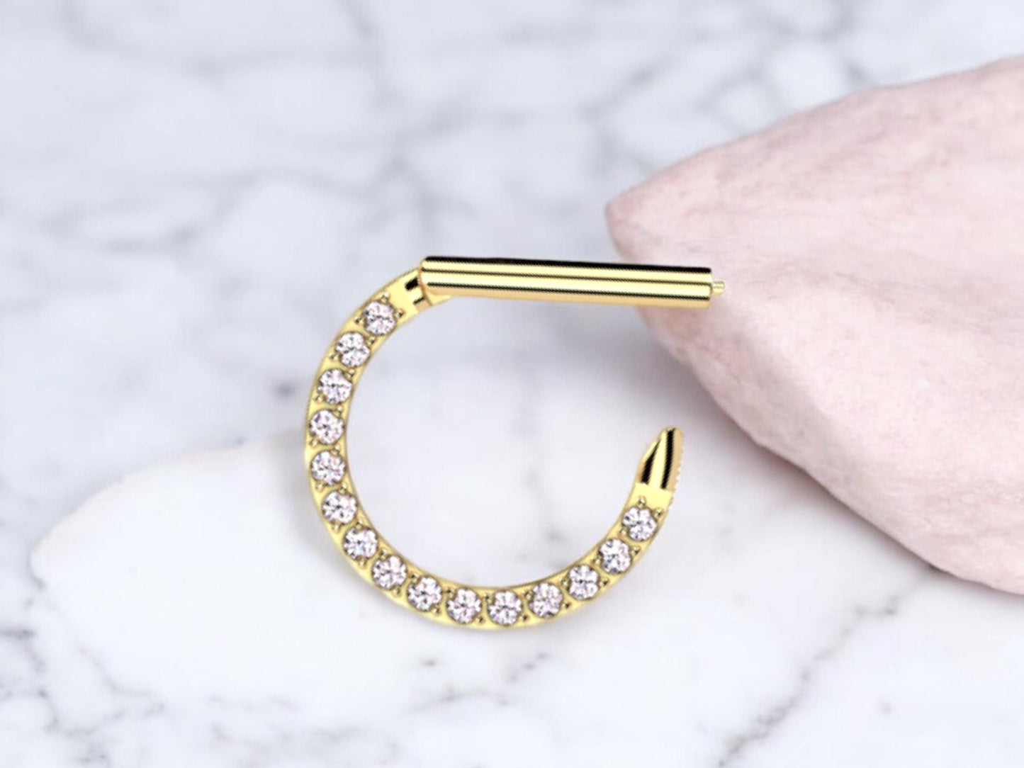 16g Dainty Titanium Gold Septum Hoop Ring, Single line Gems Minimal Look Septum Clicker Ring.