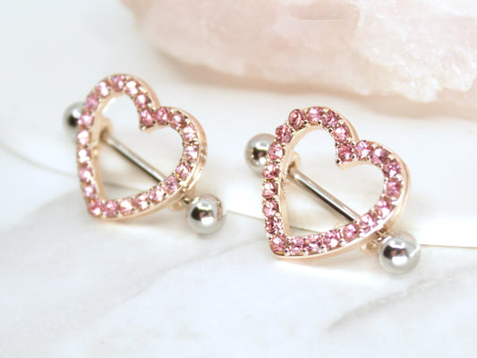 14g Pink Heart Nipple Barbell, Sparkling Gems RoseGold  Heart Nipple Shield Piercing Jewelry,  Set of 2 Nipple Ring Body Piercing Jewelry.