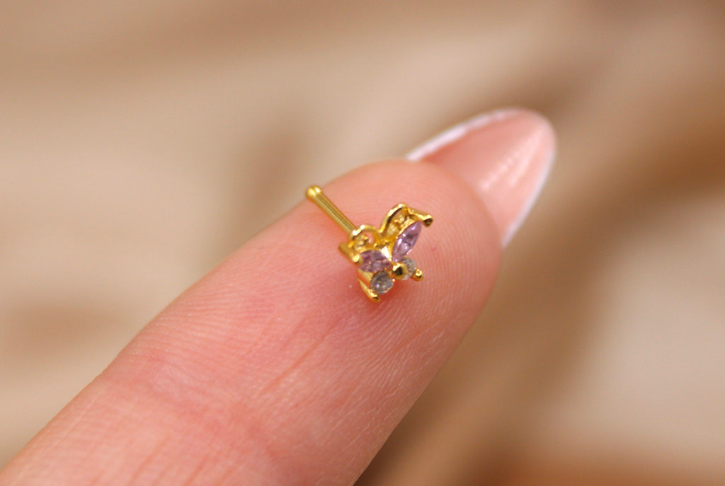 Pink Butterfly Nose Stud, Sparkle Butterfly Pink Decor Nose Piercing Stud Ring, Ball End Nose Piercing Jewelry