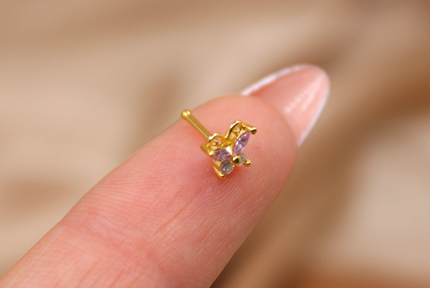 20G Pink Butterfly Nose Stud – Sparkling Pink Butterfly Ball End Nose Ring, Cute Nose Piercing Jewelry