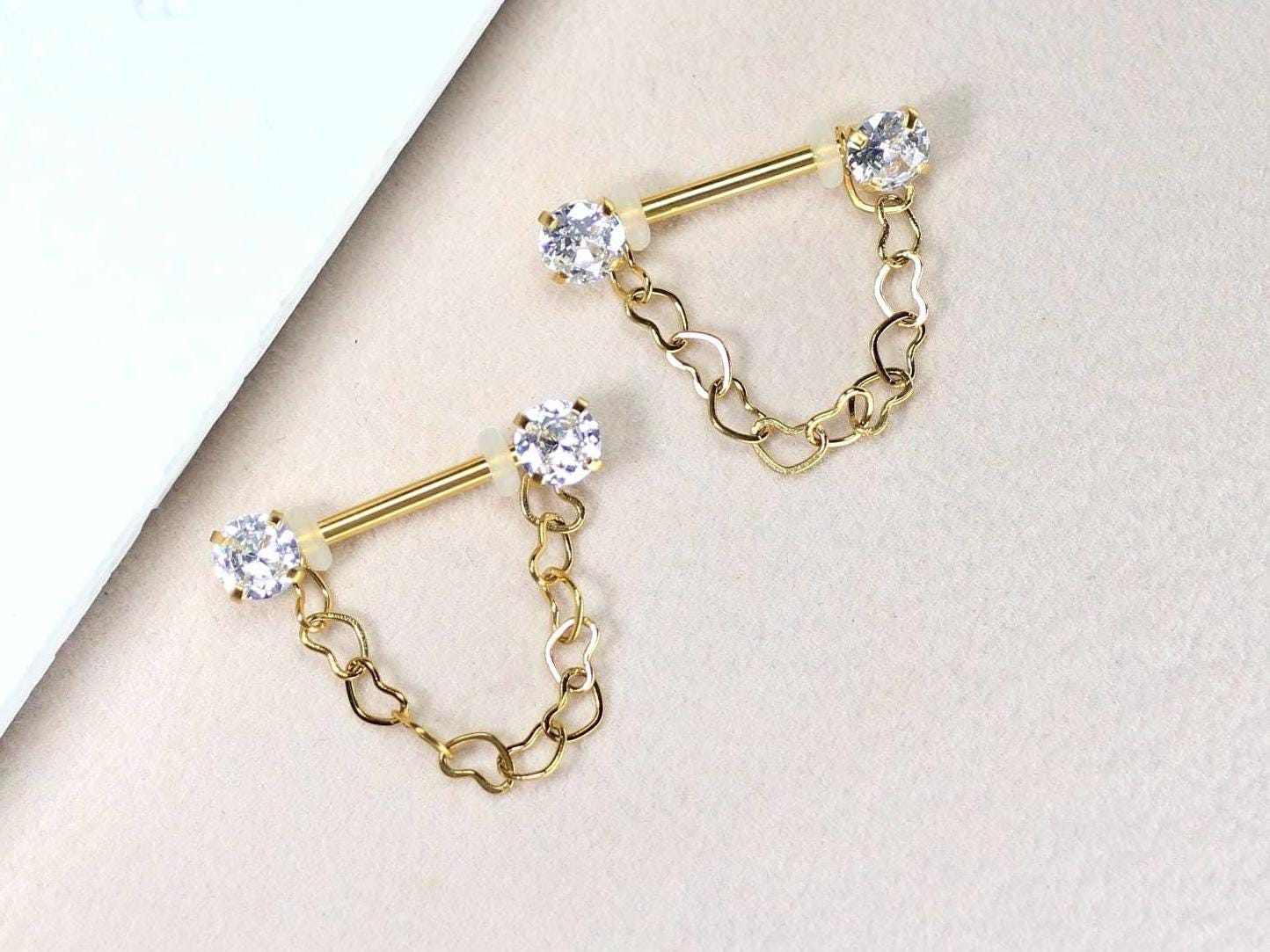 14g Gold Nipple Barbell, Dangling Heart Chain CZ Prong Nipple Piercing, Minimalist Piercing, Surgical Steel Body Jewelry.