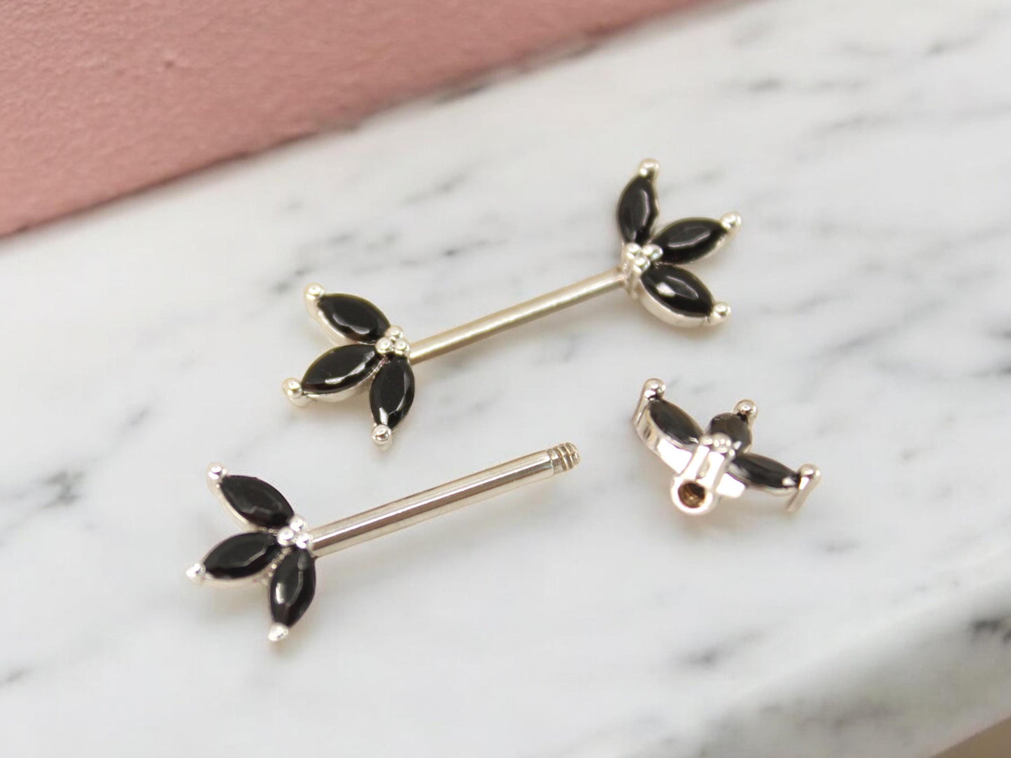 Black Marquise Leaf Nipple Barbell 14G – Floral Petal Black Nipple Rings, Surgical Steel Nipple Piercing Jewelry, Pair (Set of 2)