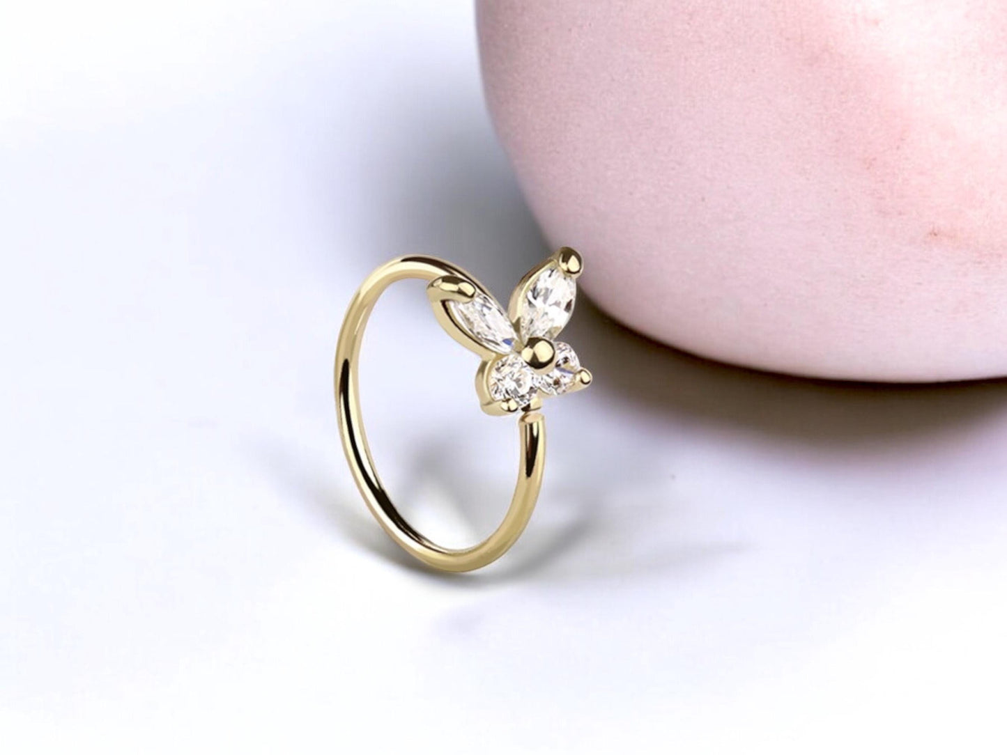 14K Gold Butterfly Nose Ring, 20g Dainty Crystal Butterfly Nose Hoop Ring Jewelry, Bendable Nose Piercing Jewelry, Solid Gold Jewelry,