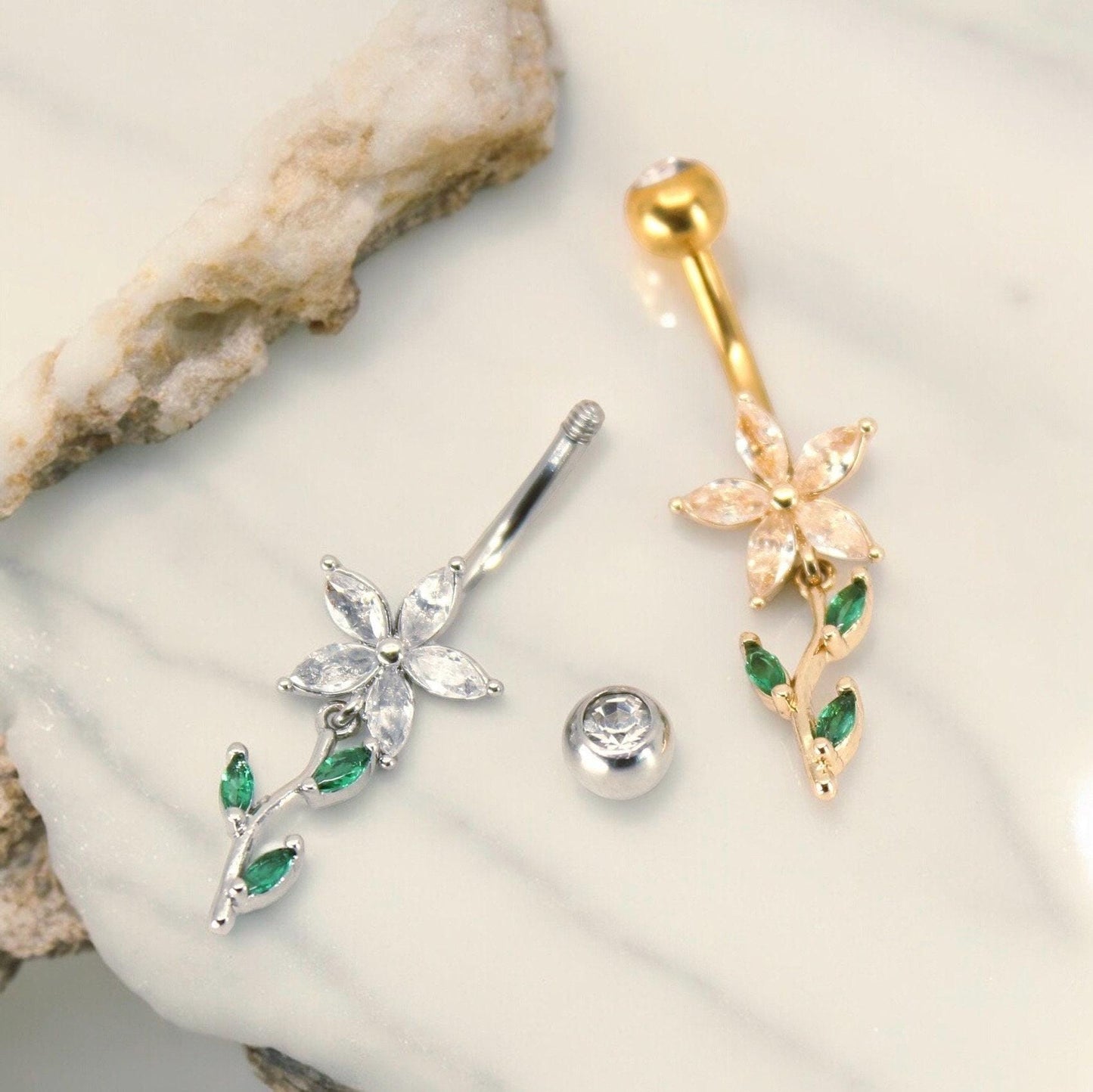 14G Gold Floral Leaf Belly Button Ring, Marquise Flower Petal Belly Ring Piercing , Gold Silver Dainty Navel Piercing, Belly Body Jewelry,