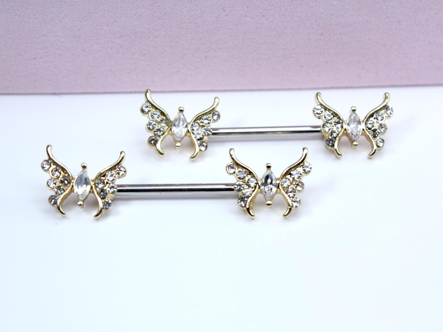 14G Gold Butterfly Nipple Barbell Jewelry, Pair of Sparkling Butterfly Nipple Ring Piercing, Nipple Piercing Jewelry, Customized Nipple Ring