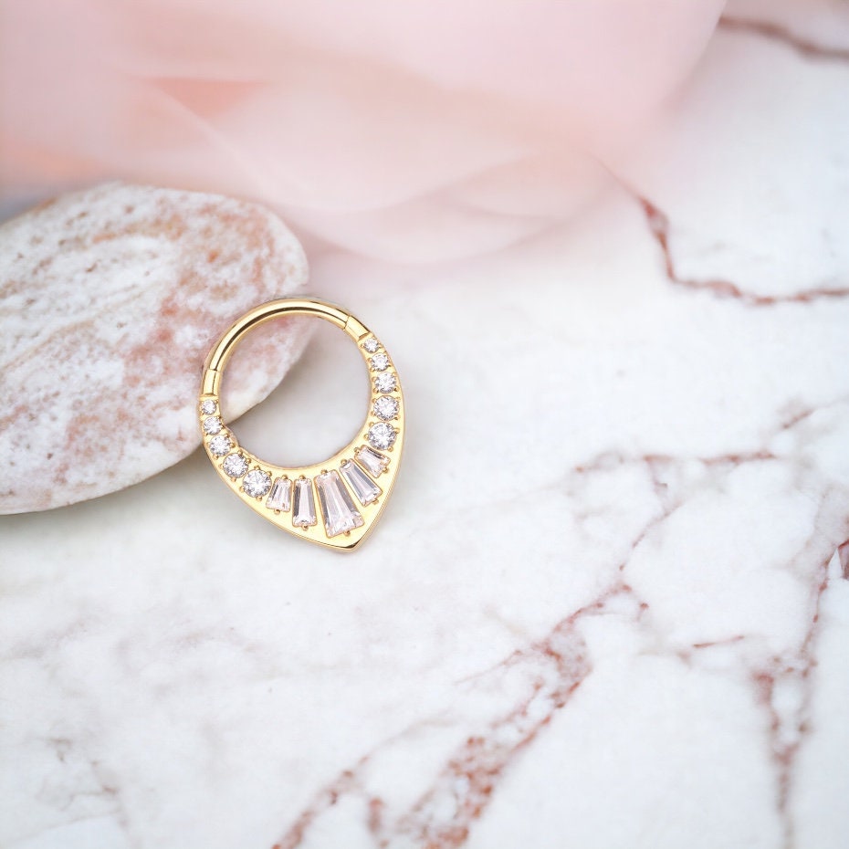 16g Gold Titanium Multi-Gems Septum Clicker Hoop. CZ V shaped Septum Ring. Septum Clicker Hoop. Nose Piercing Body Jewelry