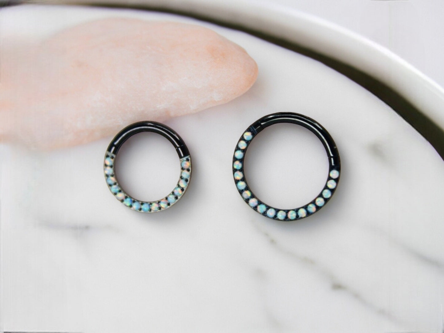 16g White Opal Titanium Septum Piercing Hoop Ring, White Opal Gem Black Hoop Ring, Daith Cartilage Septum Nose Ring Piercing Jewelry