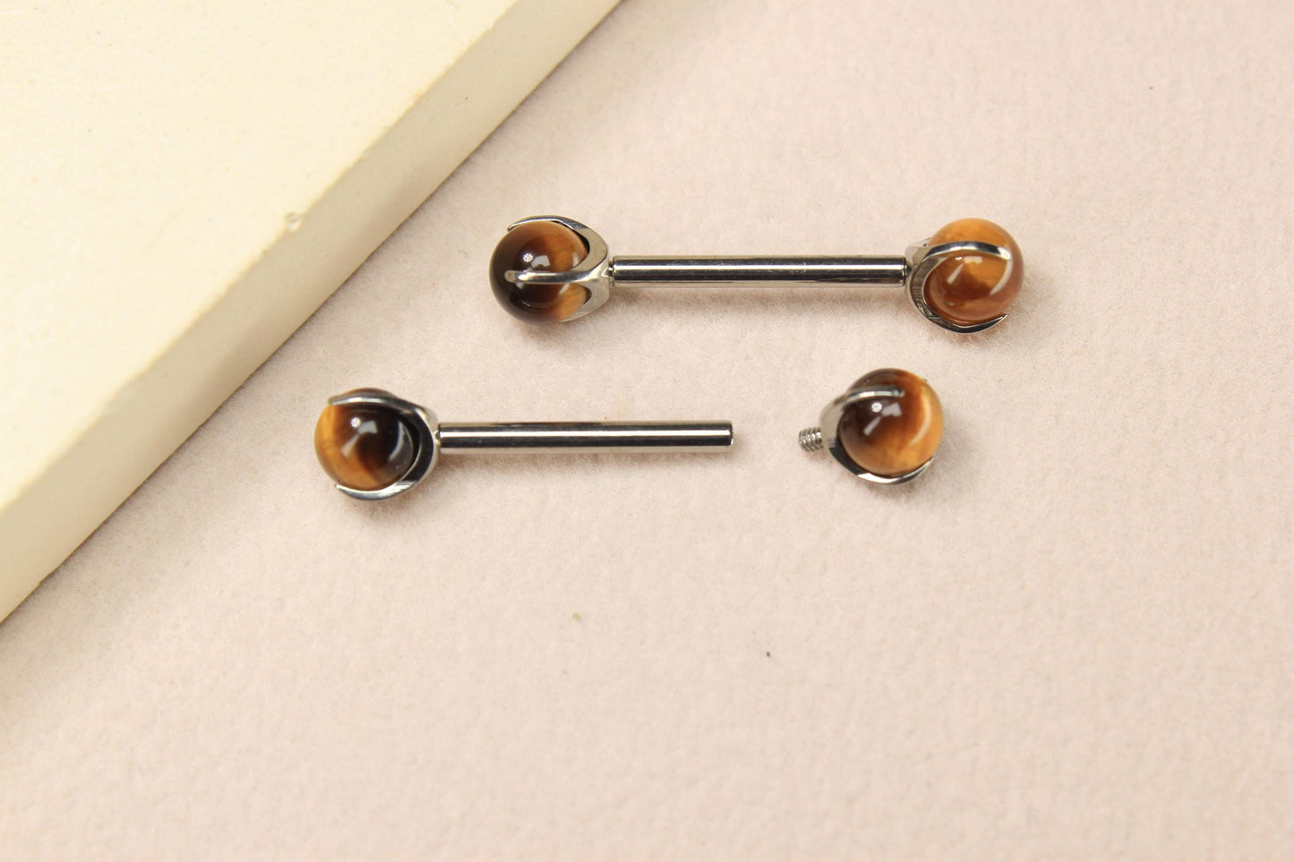 Tiger Eye Titanium Nipple Barbell, 14G Internally Threaded Nipple Piercing Ring, Custom Body Jewelry