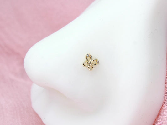 14K Solid Gold Butterfly Nose Stud – 20G Dainty L-Shape Sparkling Nose Ring, Minimalist Yellow Gold Nose Piercing Jewelry.