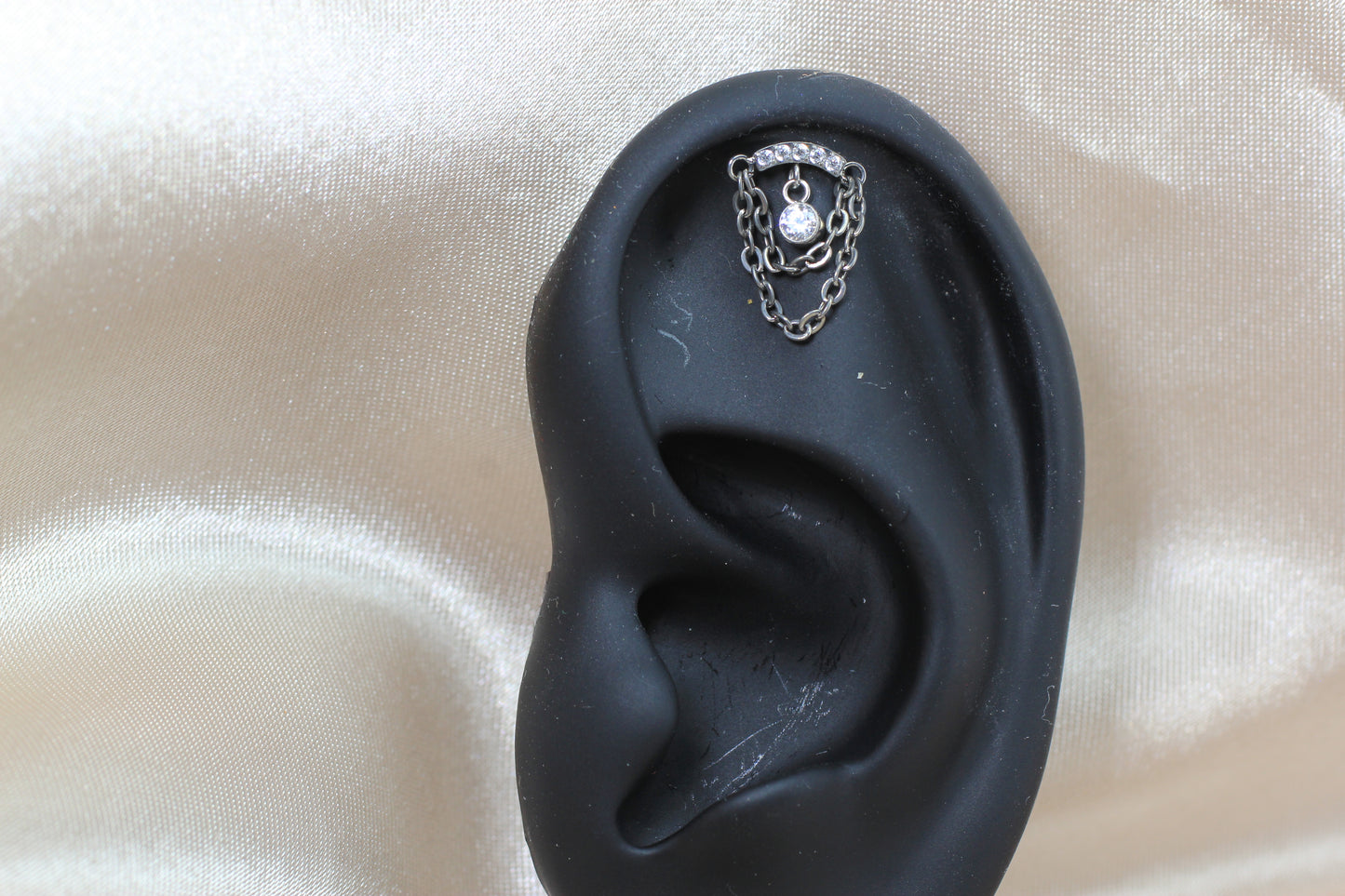 14G Silver Gem Industrial Barbell with Dainty Chain – 38mm Sparkling Gold Industrial Piercing