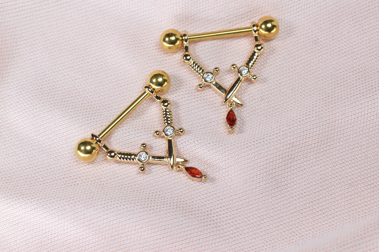 Gold Dagger Nipple Barbell, 14g Pair of Sword Nipple Piercing