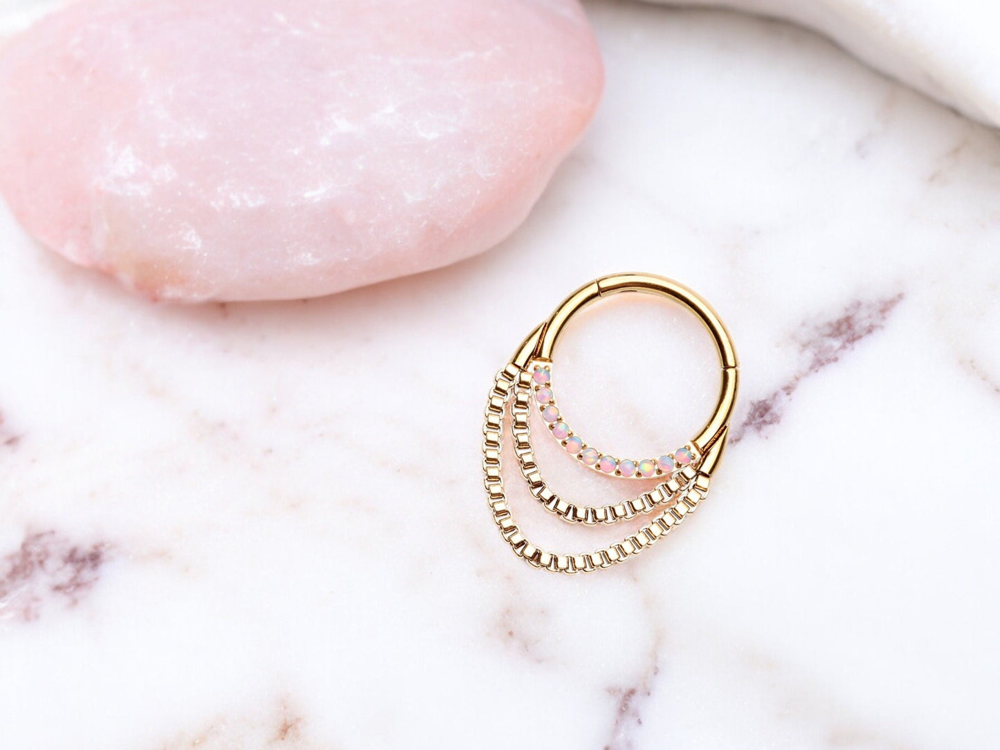 16G Gold Dangling Chain Septum Clicker Ring. Double Chain Opal Septum Hoop Ring. Septum Nose Jewelry, Septum Piercing Ring