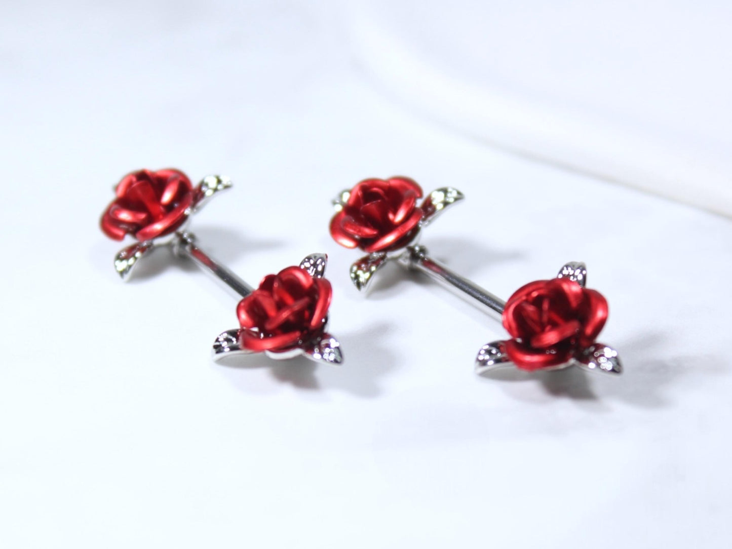 14G Red Rose Nipple Barbell – Pair of Floral Rose Nipple Rings, Surgical Steel Nipple Piercing Jewelry.