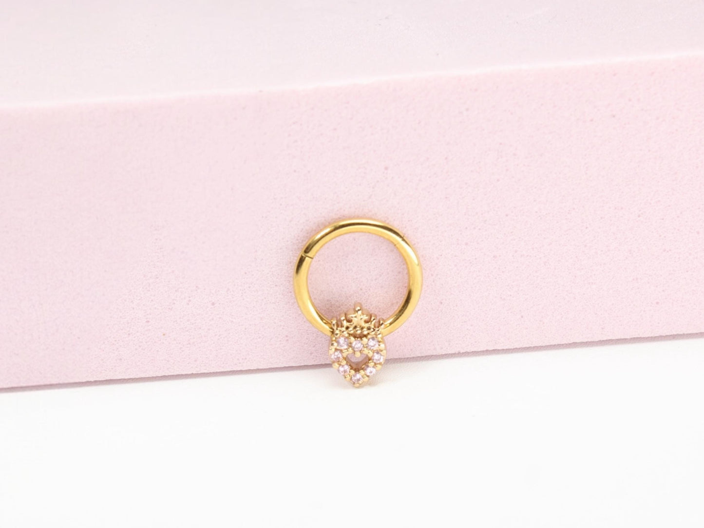 16G Gold Septum Clicker Ring Hoop, Dainty Pink Heart Septum Piercing Jewelry, Septum Nose Piercing Body Jewelry. Gold Nose Jewelry