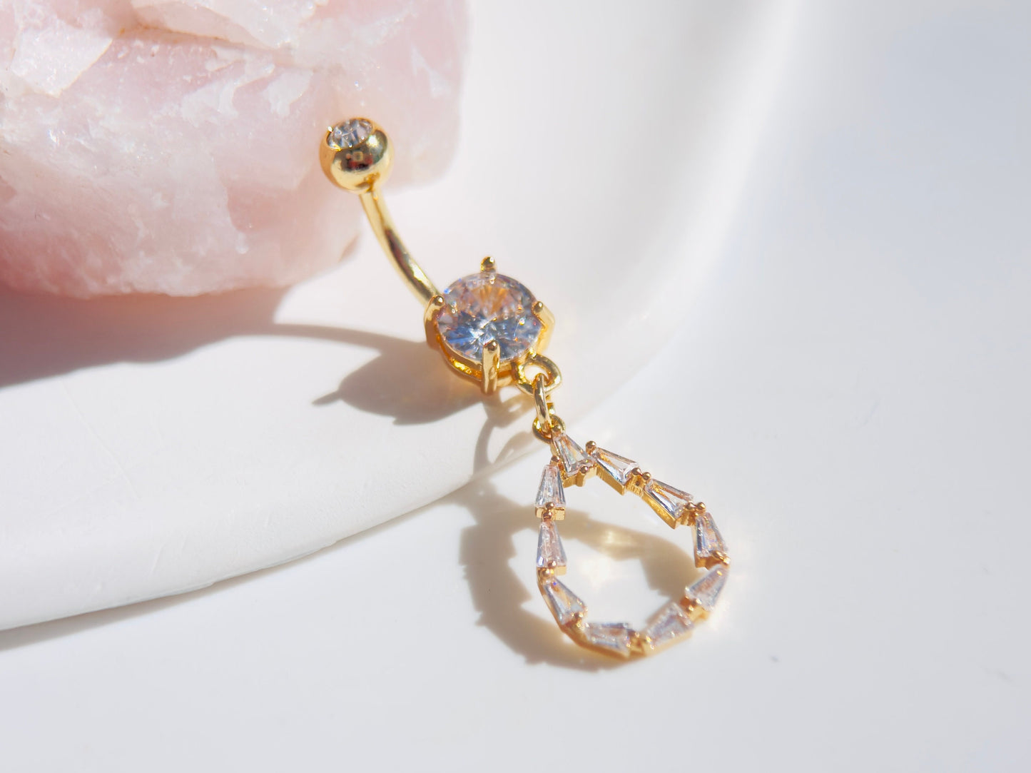 14G Gold Dangling Belly Button Ring, Dainty Baguette Gem Teardrop Belly Ring, Belly Ring Body Jewelry, Navel Piercing