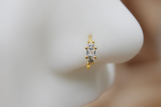 Gold Nose Ring, Triple Gem Sparkle Bendable Nose Piercing Hoop Ring Jewelry, 20g Nose Ring