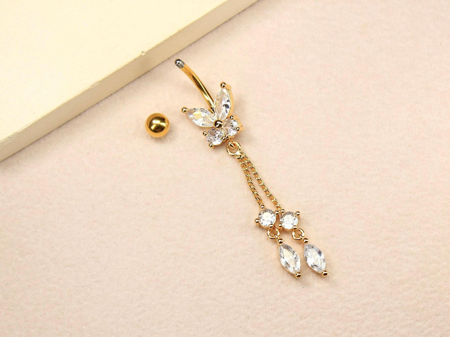 Gold Butterfly Dangling Belly Button Ring – 14G CZ Chain Navel Piercing Jewelry