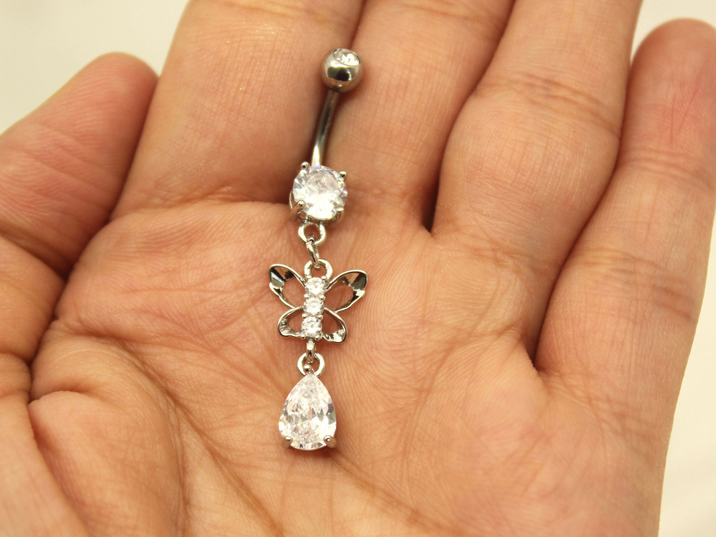 Butterfly Dangling Belly Ring, Teardrop Sparkle Dangling Belly Button Ring Piercing, Navel Piercing Ring Body Jewelry, Gold Belly Jewelry