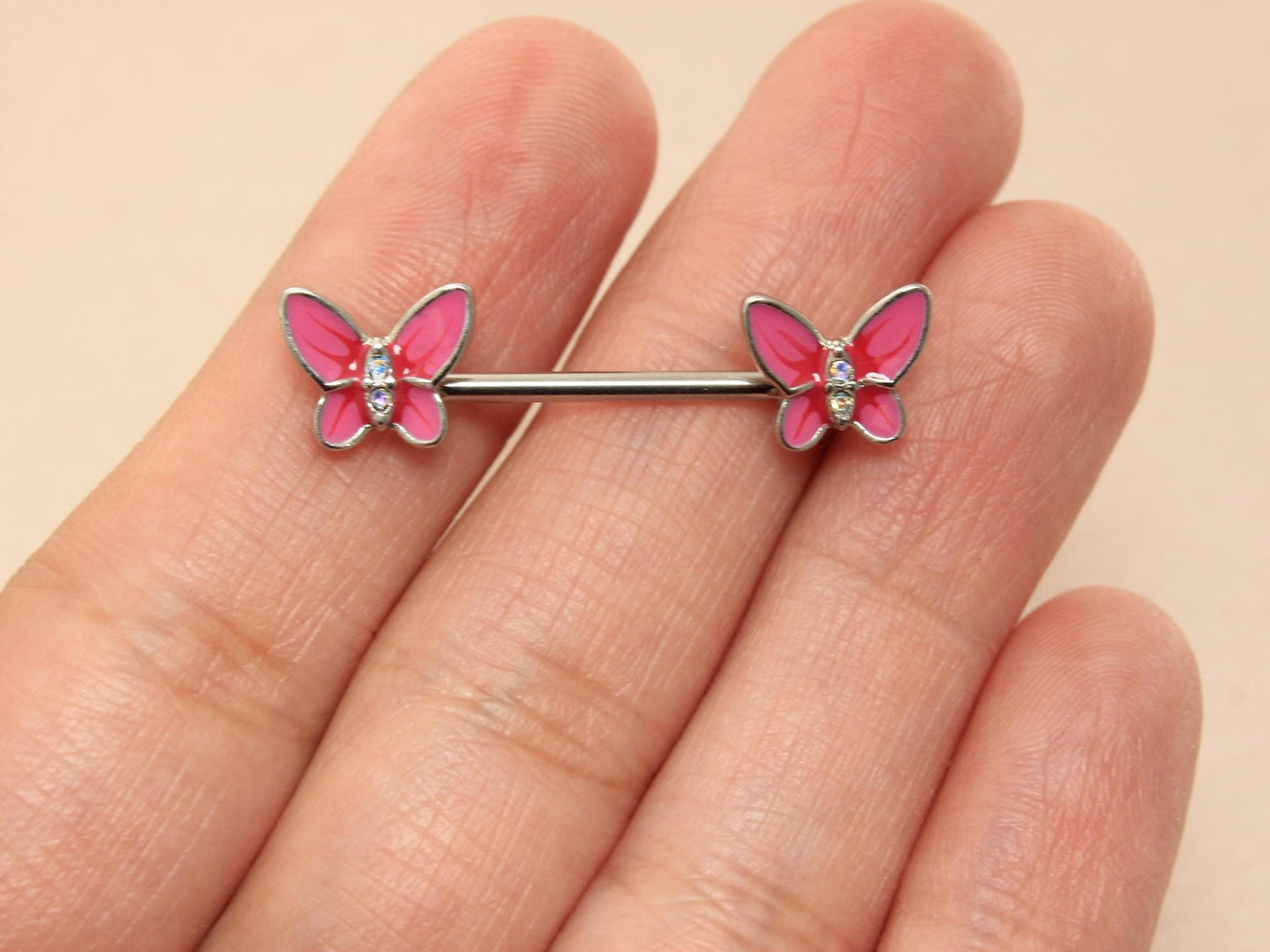 Butterfly Nipple Barbell Piercing, 14G Pink Butterfly CZ Stud Nipple Ring Jewelry, Pair of Butterfly End Screw Enamel Nipple Body Jewelry