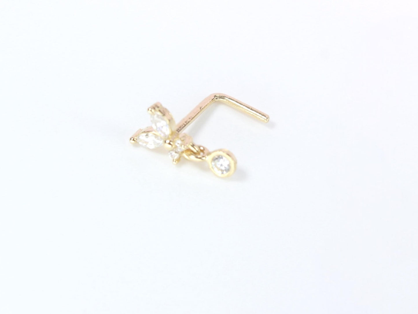 14K Gold Butterfly Nose Stud,20g Dainty Dangling Gem L Shape Corkscrew Nose Stud,Solid Gold Nose Jewelry,L Bend Screw NosePiercing Stud Ring