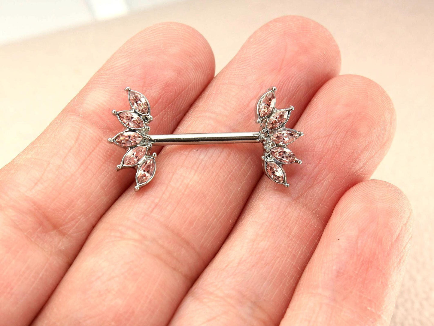 Pink Marquise Nipple Barbell, 14G Floral Petal Leaf Nipple Ring Jewelry, Pair of Leaf Nipple Piercing Jewelry, Body Piercing Jewelry
