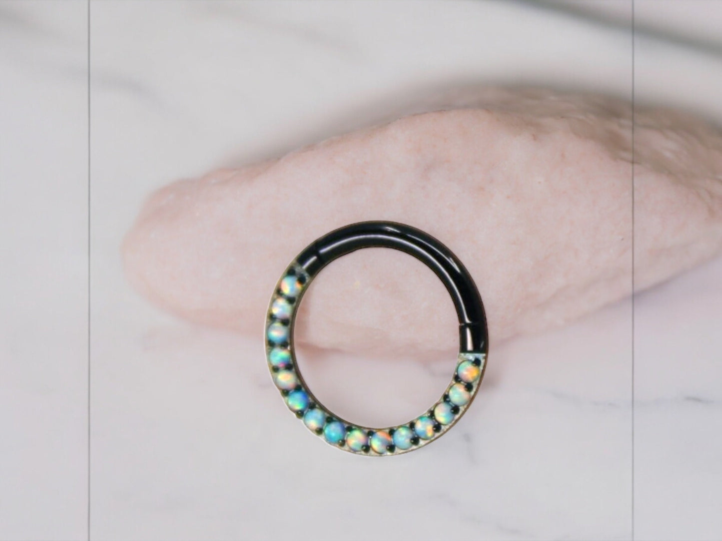 16g White Opal Titanium Septum Piercing Hoop Ring, White Opal Gem Black Hoop Ring, Daith Cartilage Septum Nose Ring Piercing Jewelry