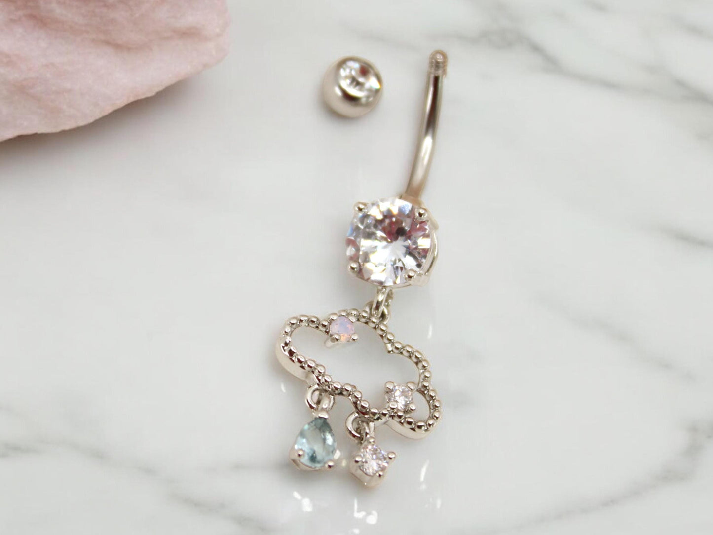 14g Dangling Belly Ring, Gold Silver Raining Cloud Dangle Belly Button Ring, Navel Piercing, Body Jewelry, Belly Ring Piercing Jewelry