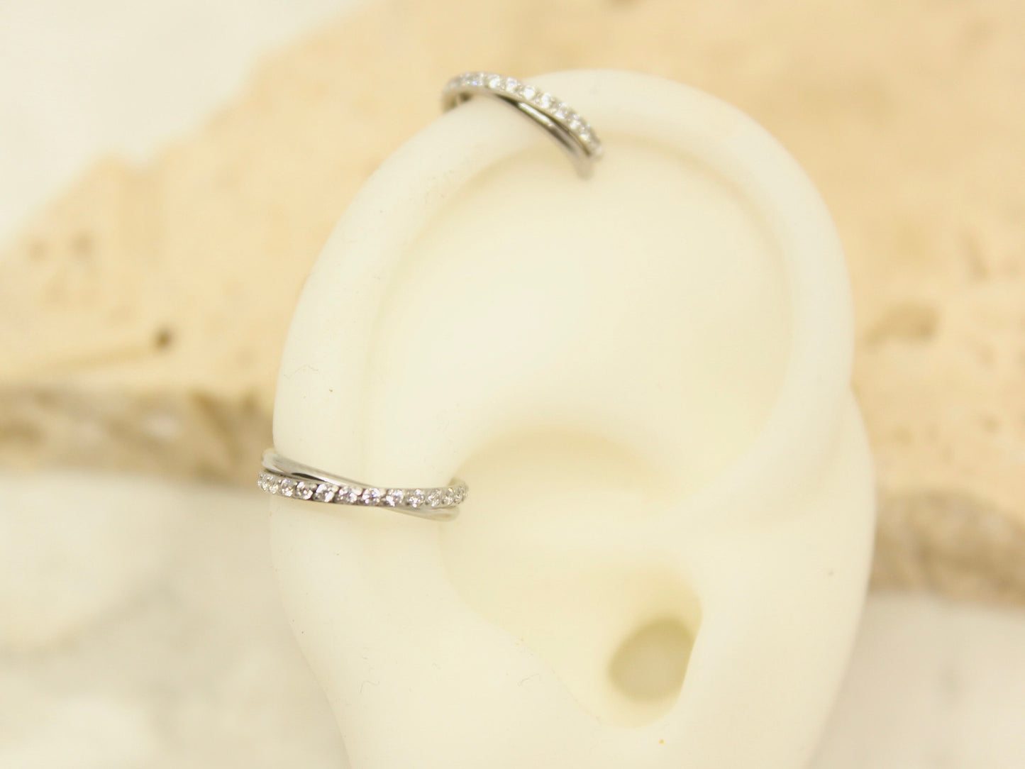 New • Silver Dainty CZ Paved Conch Ring Clicker, CZ Criscross Hoop Ring, Conch Clicker Hoop Ring, Septum Daith Cartilage Waterproof Earrings